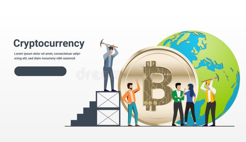 Stairs and people with pickaxe mining on giant coin on global background. Cryptocurrency concept some Elements of this image stock illustration