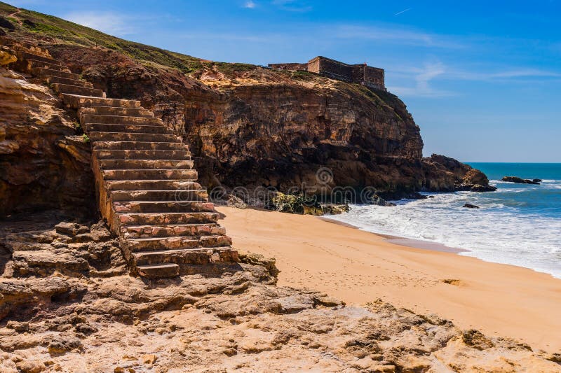 Stairs to the beach of the Atlantic Ocean in the Nazare in Portugal