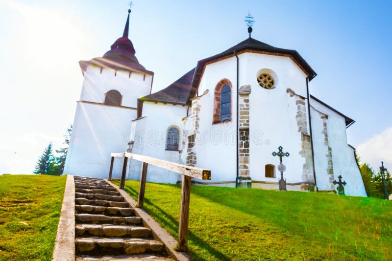 Stairs to Early-Gothic church of the Virgin Mary in village Pribylina in Liptov region SLOVAKIA