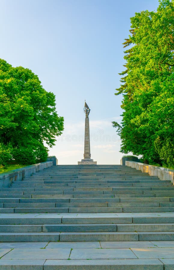 Stairway leading to the slavin military cemetery in Bratislava with a monument to the soviet army...IMAGE