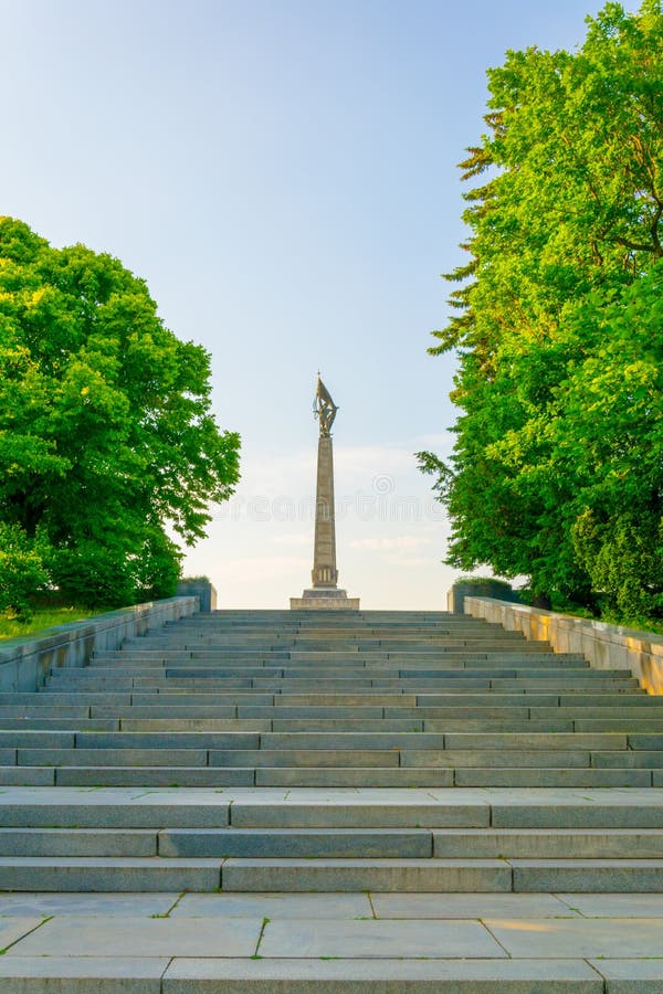 Stairway leading to the slavin military cemetery in Bratislava with a monument to the soviet army...IMAGE