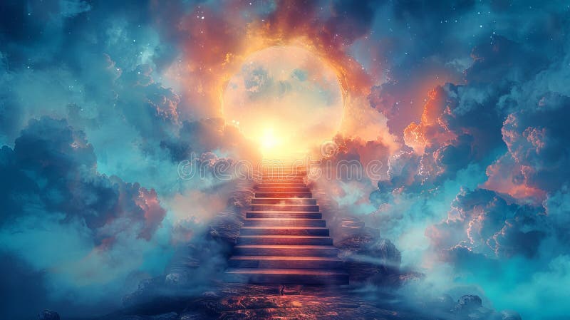 Stairway piercing through illuminated clouds, leading to a glowing portal. Vision of transcendence and ethereal passage royalty free stock image