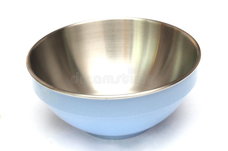 A photo taken on a stainless steel bowl with blue melamine outer side face against a white backdrop. A photo taken on a stainless steel bowl with blue melamine outer side face against a white backdrop.