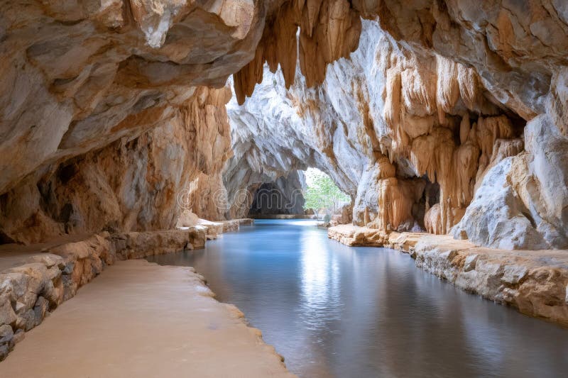 Stalactites hanging from ceiling of cave with underground river flowing stock illustration