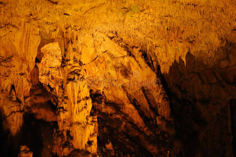 Stalactites, stalagmites - underground cave formations. Biserujka cave, Krk island, Croatia