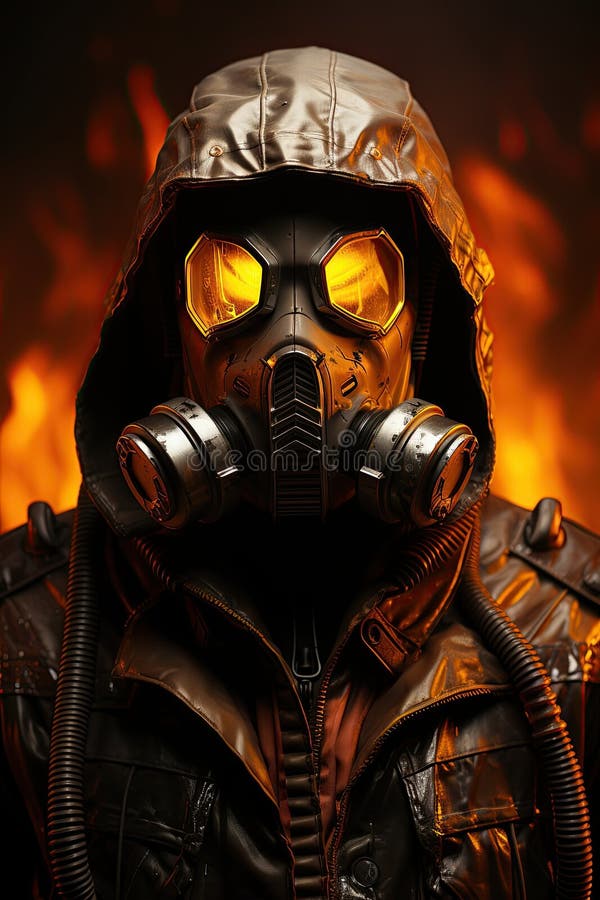 A stalker man in a gas mask,fire in the background Book cover. Chernobyl gas illustrations