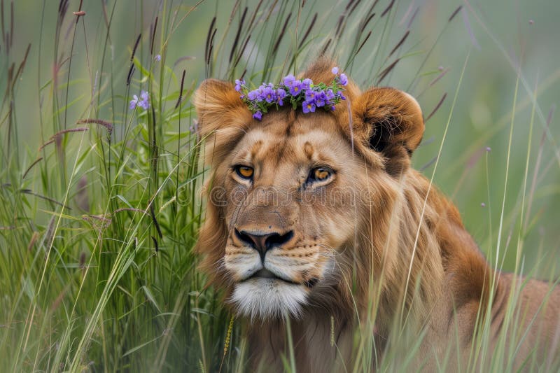 Stalking lion with a crown of violets in tall grass stock image