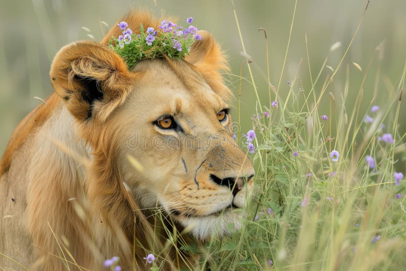 Stalking lion with a crown of violets in tall grass royalty free stock photography