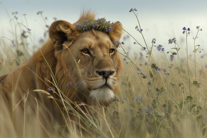 Stalking lion with a crown of violets in tall grass royalty free stock photography