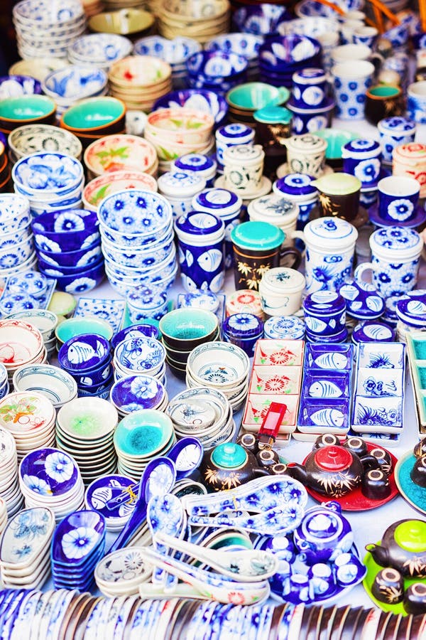 Stall with ceramics items in street market in Hoi An stock images Stall with ceramics items in street market in Hoi An stock images