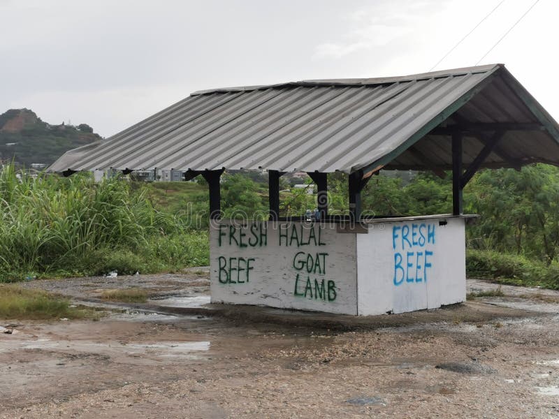 Preysal, Trinidad and Tobago - July 9, 2022 - Stall on the side of the road where vendors sell fresh halal meat including beef, goat and lamb. Preysal, Trinidad and Tobago - July 9, 2022 - Stall on the side of the road where vendors sell fresh halal meat including beef, goat and lamb.
