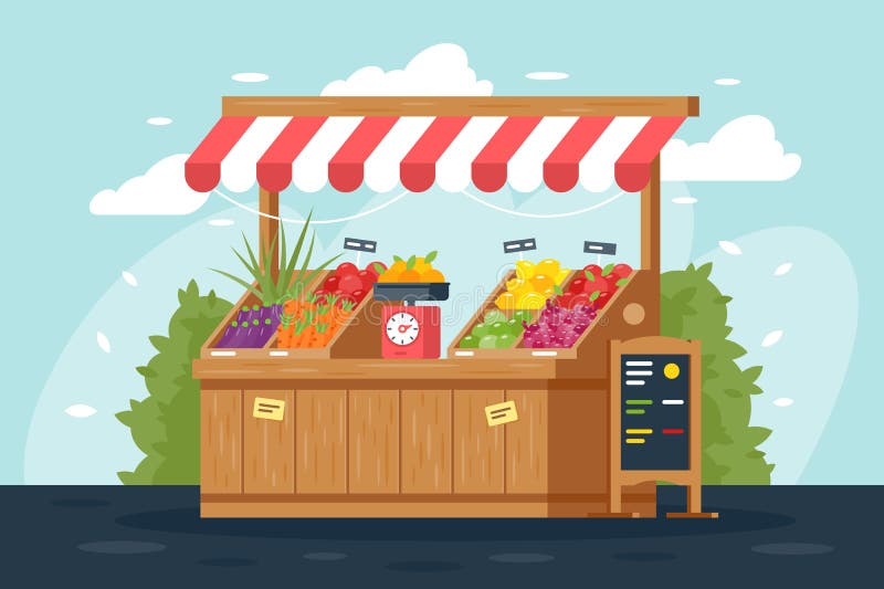 Stalla piana della verdura e della frutta della via con il menu, verde, limone, carota, mela illustrazione vettoriale Stalla piana della verdura e della frutta della via con il menu, verde, limone, carota, mela illustrazione vettoriale