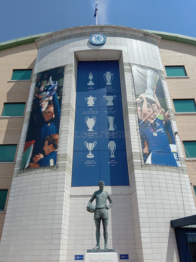 Stamford Bridge the home of Chelsea football club with a statue of club legend Peter Osgood