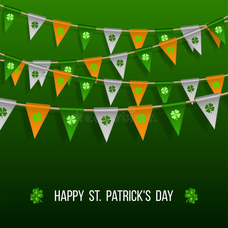 Stamina festiva variopinta con il trifoglio su fondo verde Festa irlandese - contesto felice di giorno di Patricks del san con le bandiere della ghirlanda Vector l'illustrazione per la cartolina d'auguri, il manifesto, insegna