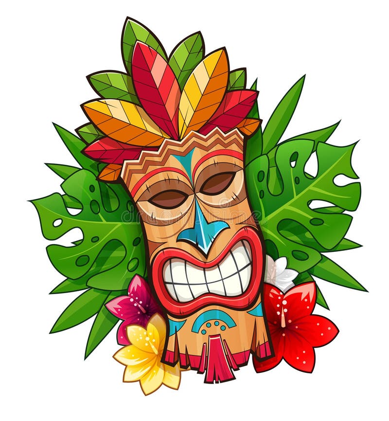 Tiki tribal wooden mask. Hawaiian traditional character. Hawaii bar symbol. Tradition cartoon sculpture Isolated white background. EPS10 vector illustration. Tiki tribal wooden mask. Hawaiian traditional character. Hawaii bar symbol. Tradition cartoon sculpture Isolated white background. EPS10 vector illustration.