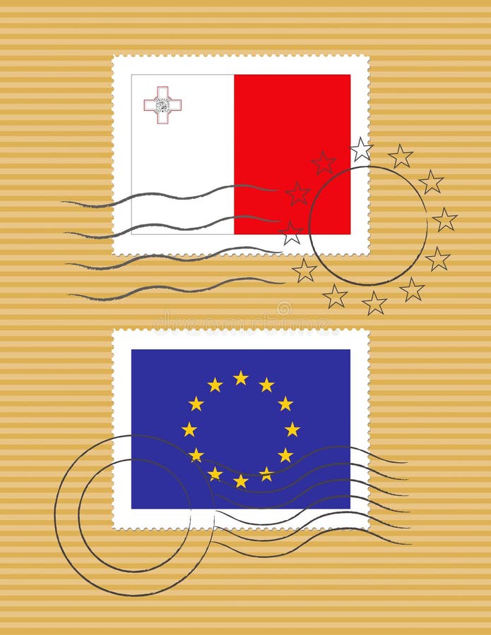 Maltese and European Union flags on a stamp with postmarks. Flag malta vector vectors