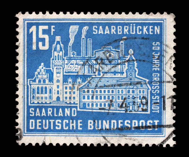 Stamp from Germany area Saar shows shows Old and New City Hall and Burbach Mill