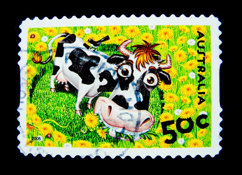 A Stamp Printed in Australia Shows an Image of Cute Cow Cartoon on Value at 50  Cent. Editorial Photography - Image of illustrative, collection: 119059687