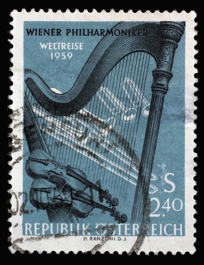 Stamp Printed by Austria, Shows Orchestral Instruments, World Tour of ...