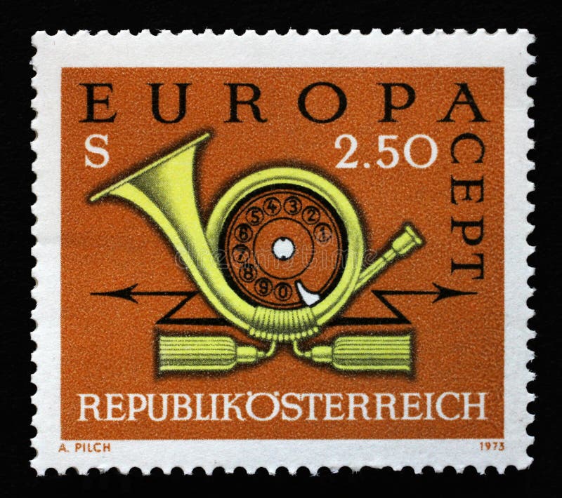 Stamp Printed in Austria, Shows the Post Horn and Telephone Editorial ...