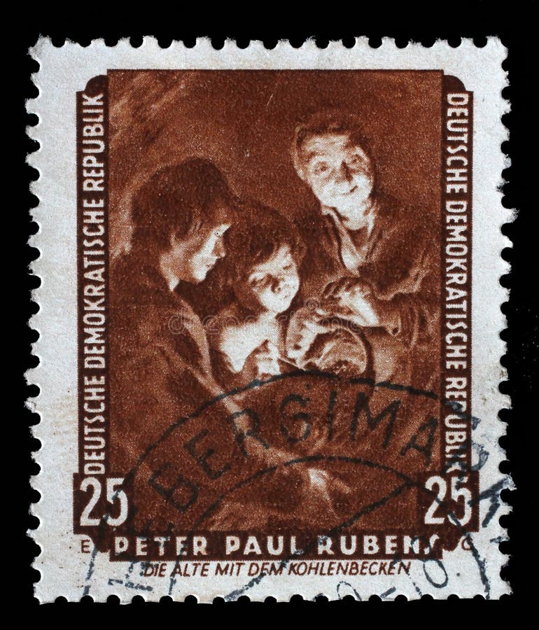 Stamp printed in DDR shows the painting Old woman with a brazier, by Peter Paul Rubens royalty free stock images Stamp printed in DDR shows the painting Old woman with a brazier, by Peter Paul Rubens royalty free stock images