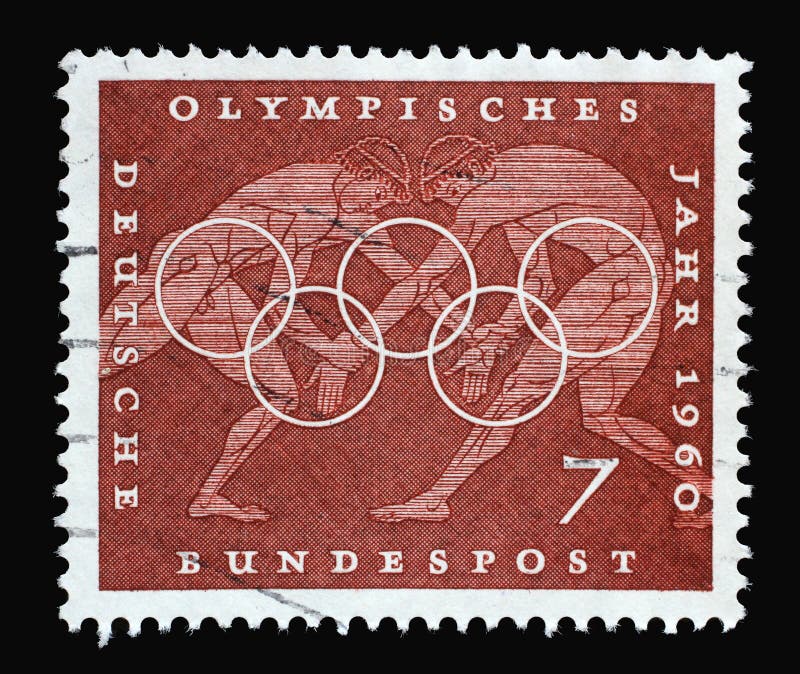 Stamp printed in Germany showing Wrestling, Sport Scene from Greek vase paintings, Olympic rings