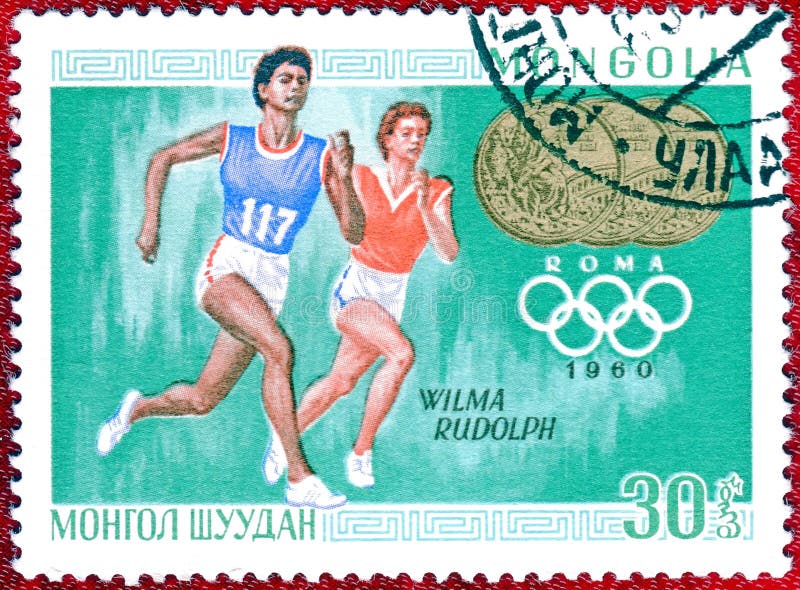 Stamp stampato in Mongolia con un'immagine del campione di Triplo di Wilma Rudolph Athletics della serie 'campioni olimpici'