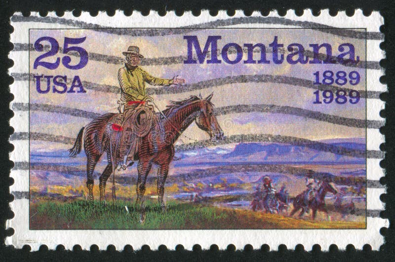 UNITED STATES- CIRCA 1989: stamp printed by United States, shows cowboys riding over the state Montana, circa 1989