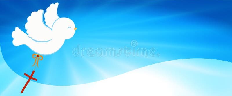 Christian symbol. Cute dove flying and carrying a Christian cross. Sky background with bright rays. Easter. Symbol of purity. Chri