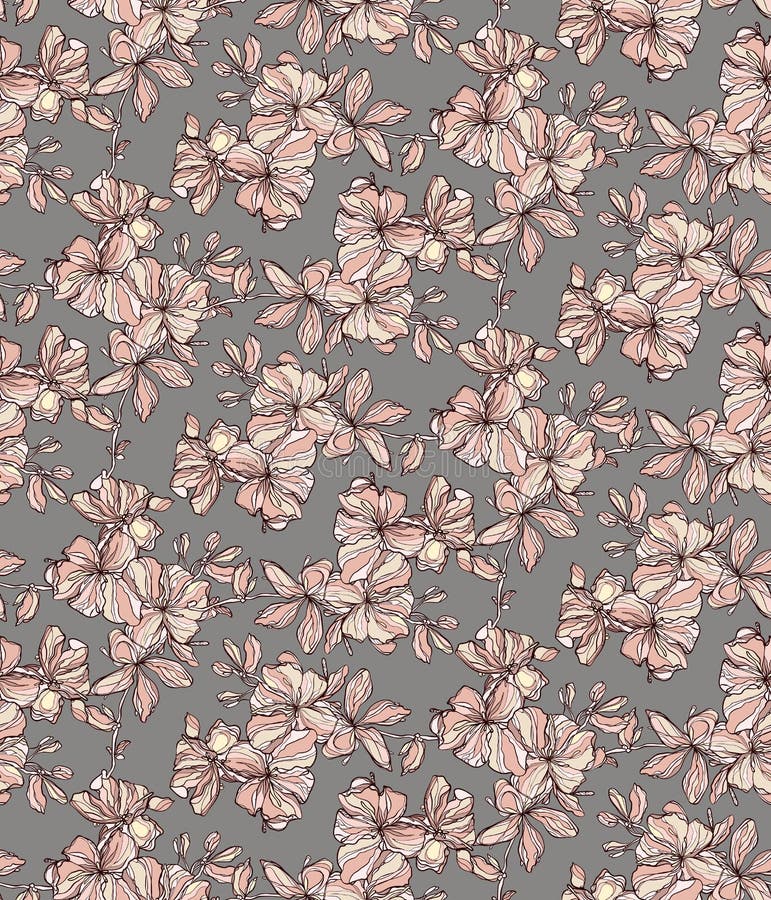 Hand drawn floral fantasy vector seamless pattern with pale pink hand drawn flowers and grey background