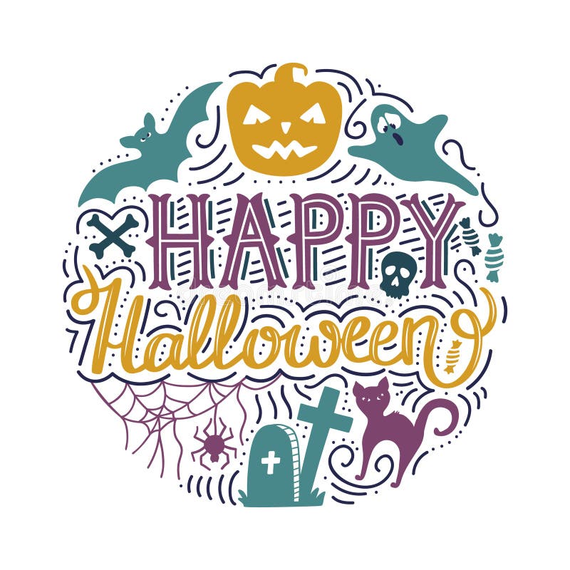Stampa rotonda disegnata a mano con l'iscrizione del Halloween con lettere felice