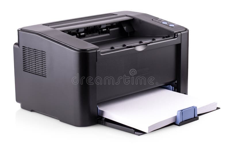 Stampante Laser Compatta Su Scrivania Nera Con Sfondo Blu Fotografia Stock  - Immagine di scanner, nero: 225508172