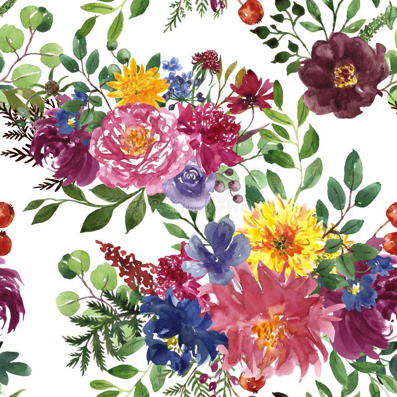 Stampe botaniche floreali a colori d'acqua Filati di colore rosso d'autunno e fiori di colore blu di mare, senza soluzione di con royalty illustrazione gratis Stampe botaniche floreali a colori d'acqua Filati di colore rosso d'autunno e fiori di colore blu di mare, senza soluzione di con royalty illustrazione gratis