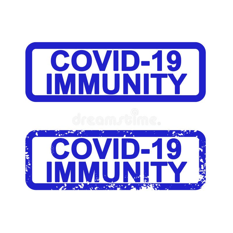 Stamps imprint in blue with the inscription COVID-19 IMMUNITY on a white background. Verification of immunization against diseases
