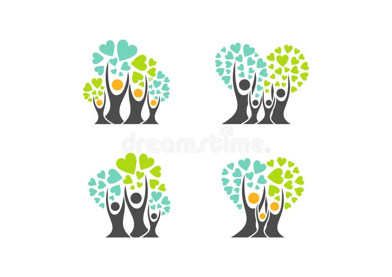 Stamträdlogo, symboler för familjhjärtaträd, förälder, unge, barnuppfostran, omsorg, för uppsättningsymbol för vård- utbildning v stock illustrationer