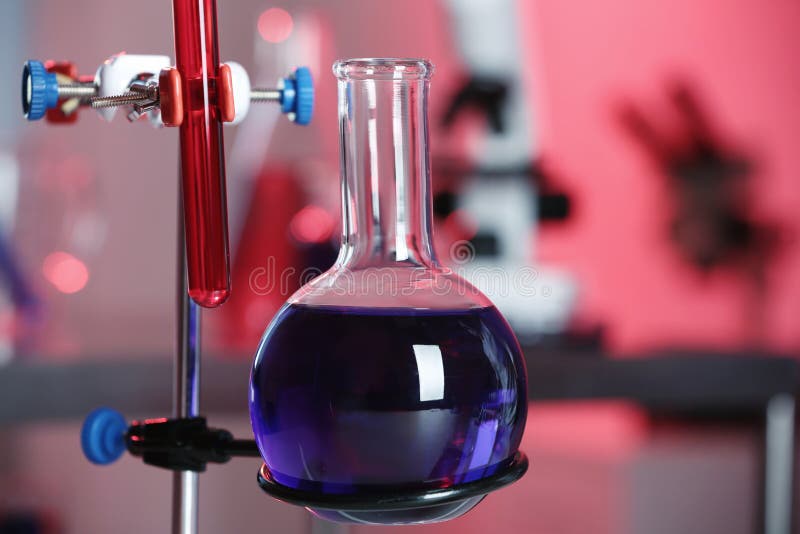 Stand with Glass Flask in Chemistry Laboratory Stock Photo Image of