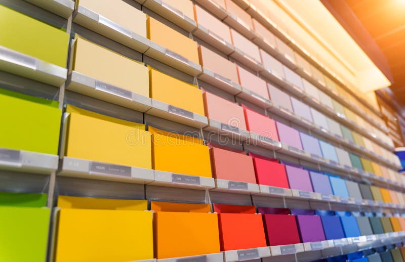Stand of Paint Samples for Wall Painting at the Shop Stock Photo
