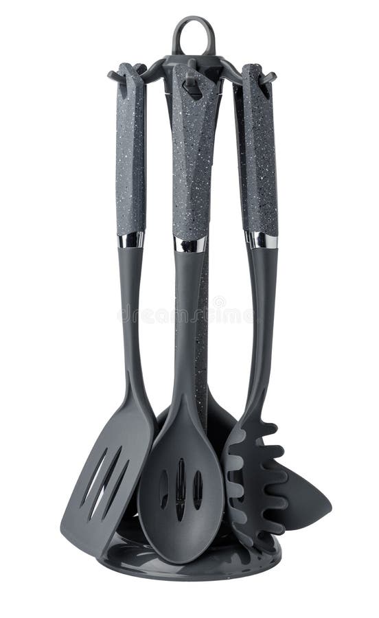 Stand with Set of Kitchen Utensils on White Background Stock Image