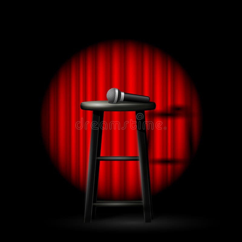 Stand up comedy show - microphone and stool in ray of spotlight and curtain royalty free illustration
