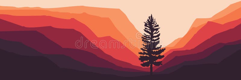 Standalone pine tree silhouette at mountain landscape stock illustration.