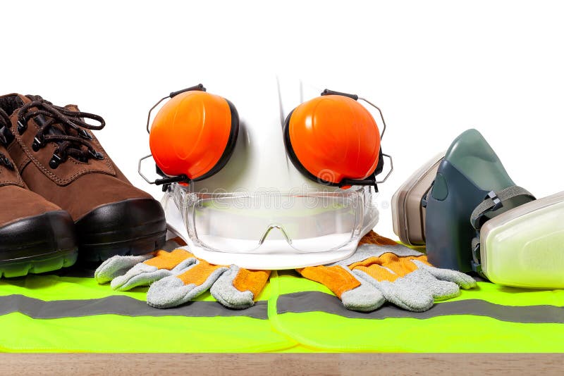 Standard Construction Safety Equipment on White Background. Top View