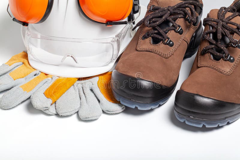 Standard Construction Safety Equipment on White Background. Top View, Safety First Concepts