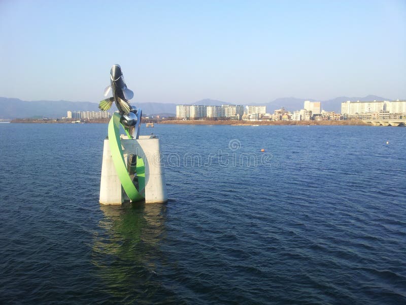 Standbeeld van vissen in water van Soyang-rivier stock afbeeldingen