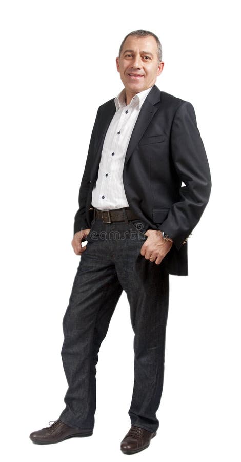 Standing businessman posing to cam isolated on white. Body cam stock images, royalty-free photos and pictures