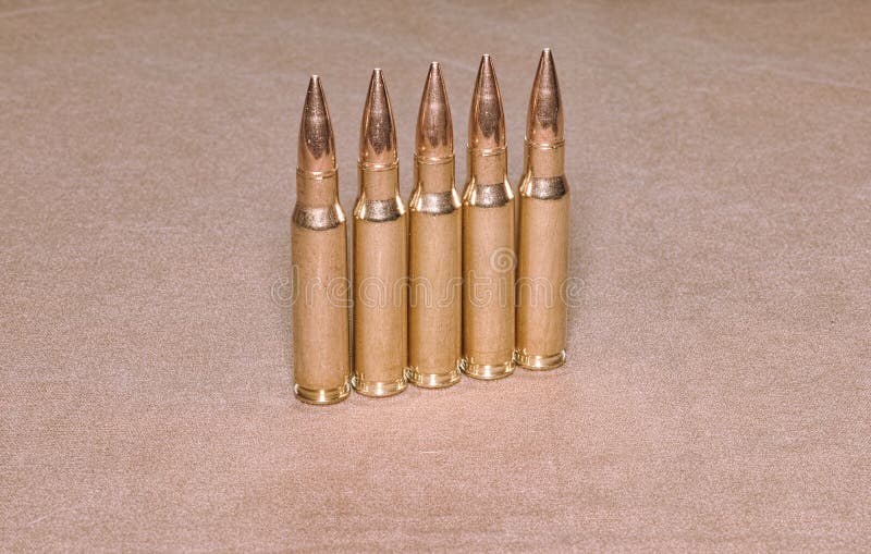 The standing cartriges 308 Winchester caliber with full metal jacket bullets steel case