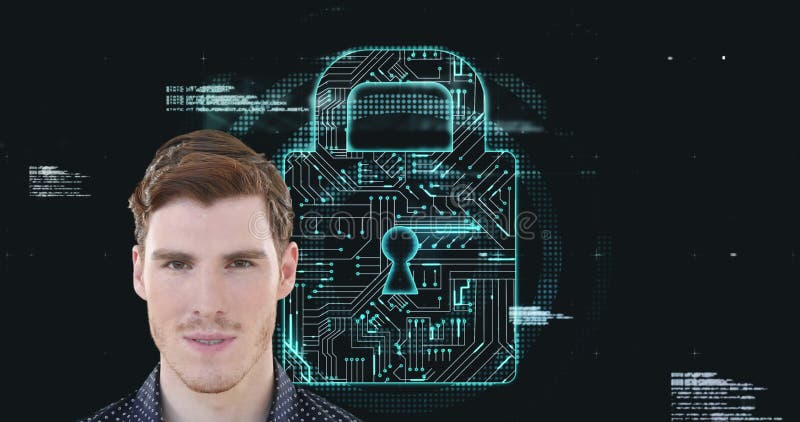 Standing confidently, cybersecurity professional with digital lock graphic in background stock photo