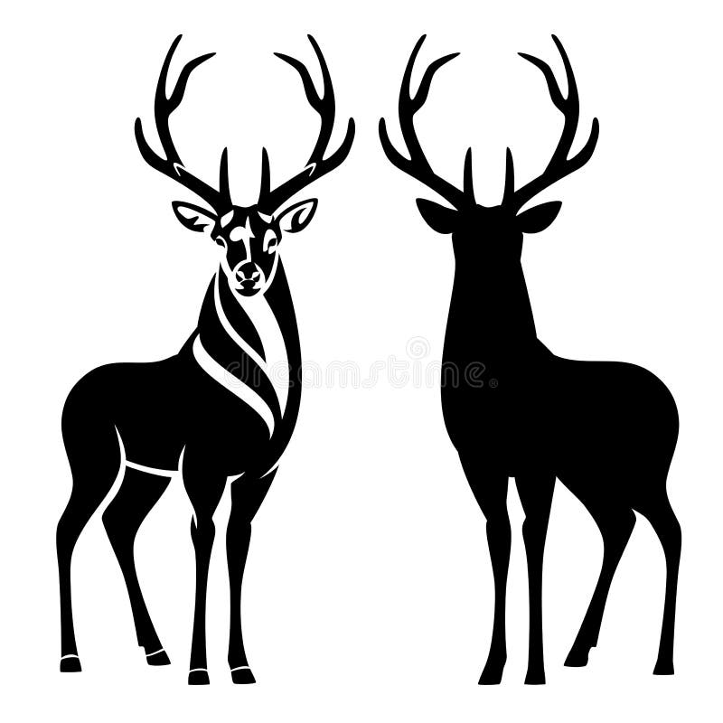 Standing deer buck with big antlers black vector outline and silhouette