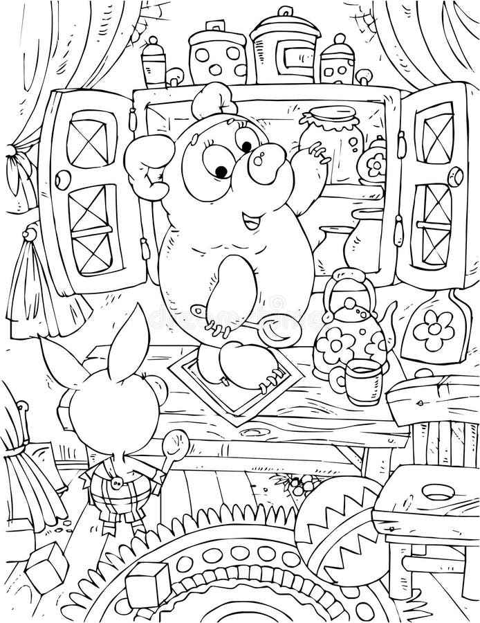 Black-and-white outline (for a coloring book) of the funny piglet and bear cub standing on the table in front of sideboard. Black-and-white outline (for a coloring book) of the funny piglet and bear cub standing on the table in front of sideboard