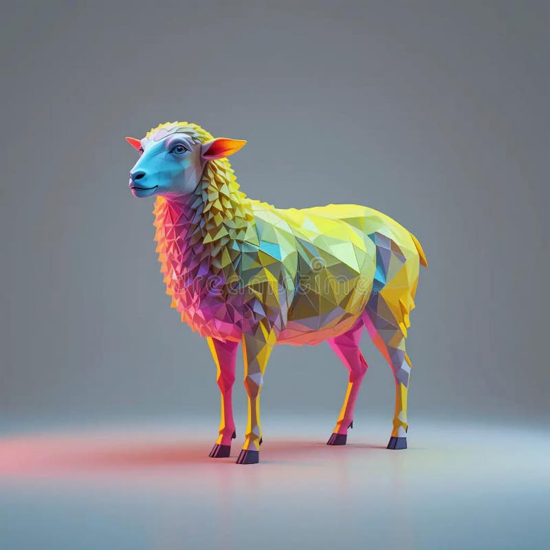 Standing Sheep with Low Poly Art Style and Neon Glow vector illustration