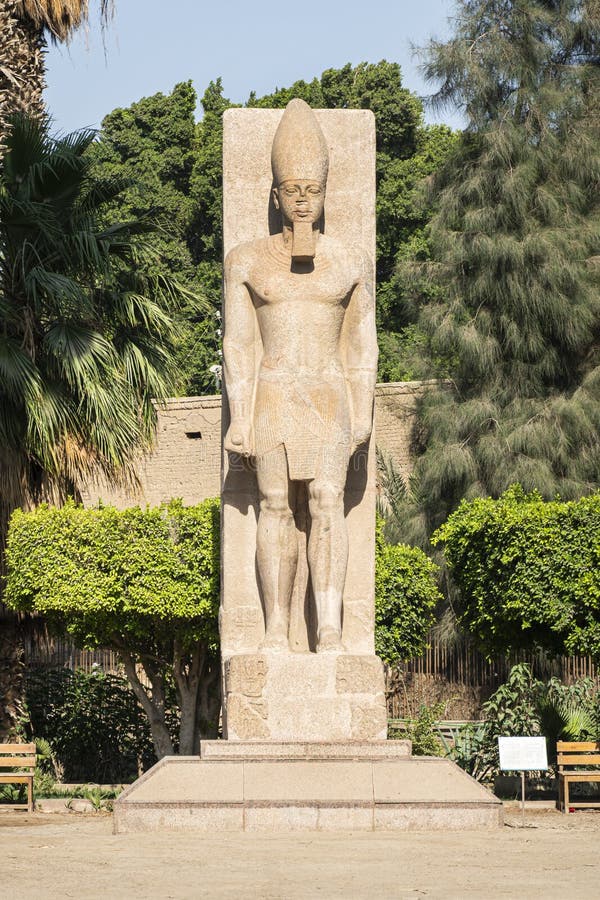 Standing statue of Ramses II on the background green palm trees in open air museum of Memphis, Egypt